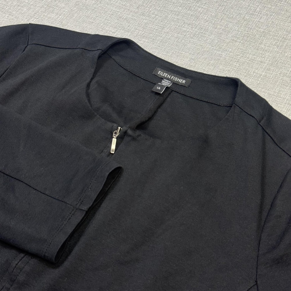 Eileen Fisher Full Zip Blouse Top Womens Large Black Organic Cotton Blend